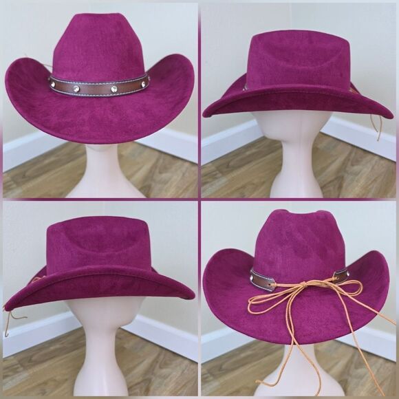?NWOT Pinkish Red Faux Suede Rhinestone Cowgirl Hat main image 8